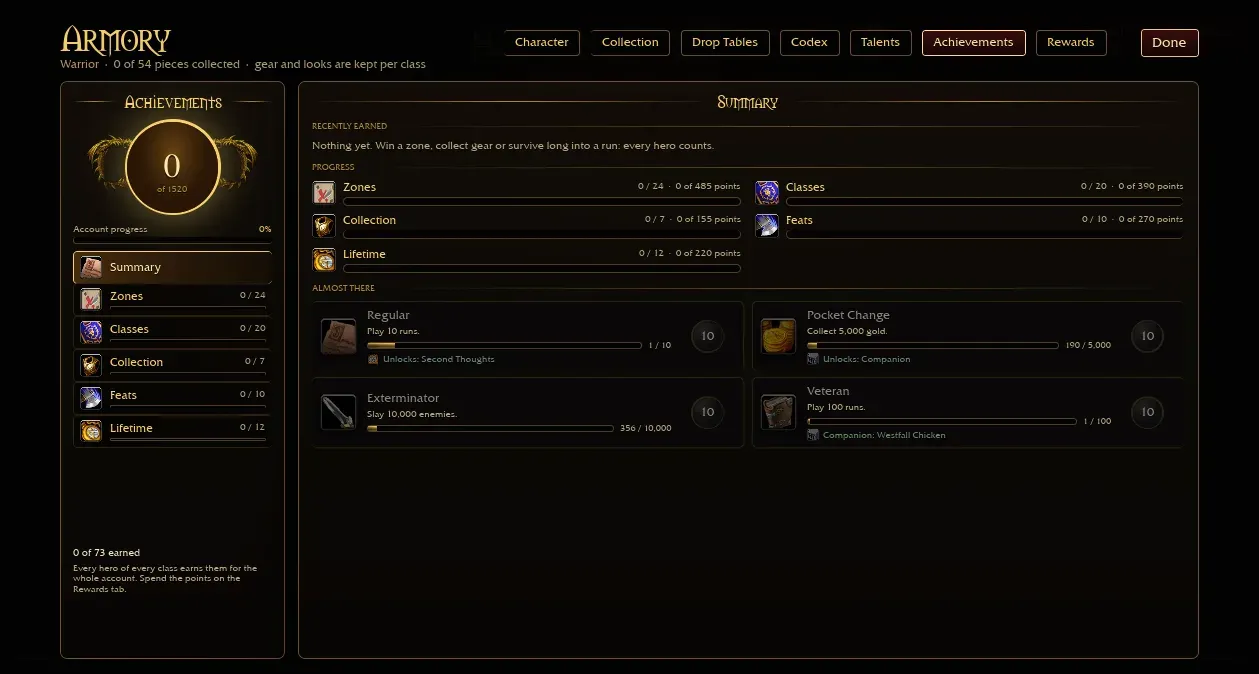 Azeroth Survivors achievements summary: 73 achievements worth 1,520 points across Zones, Classes, Collection, Feats and Lifetime