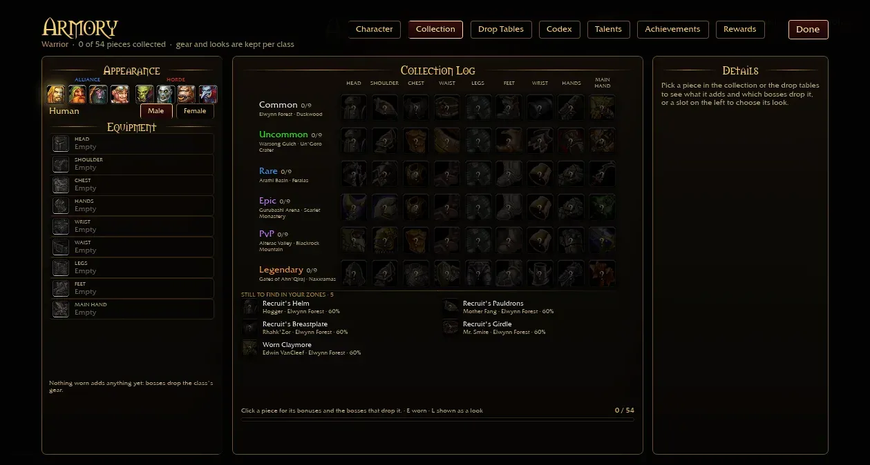 Azeroth Survivors Collection Log: 54 class pieces across Common, Uncommon, Rare, Epic, PvP and Legendary