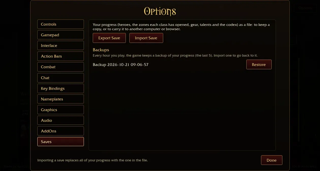 Azeroth Survivors Saves tab with Export Save, Import Save and hourly backups