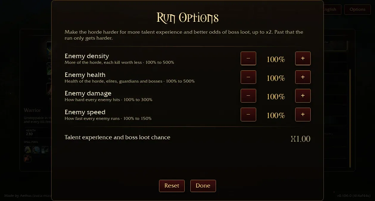 Azeroth Survivors Run Options: enemy density, health, damage and speed sliders with the talent experience multiplier