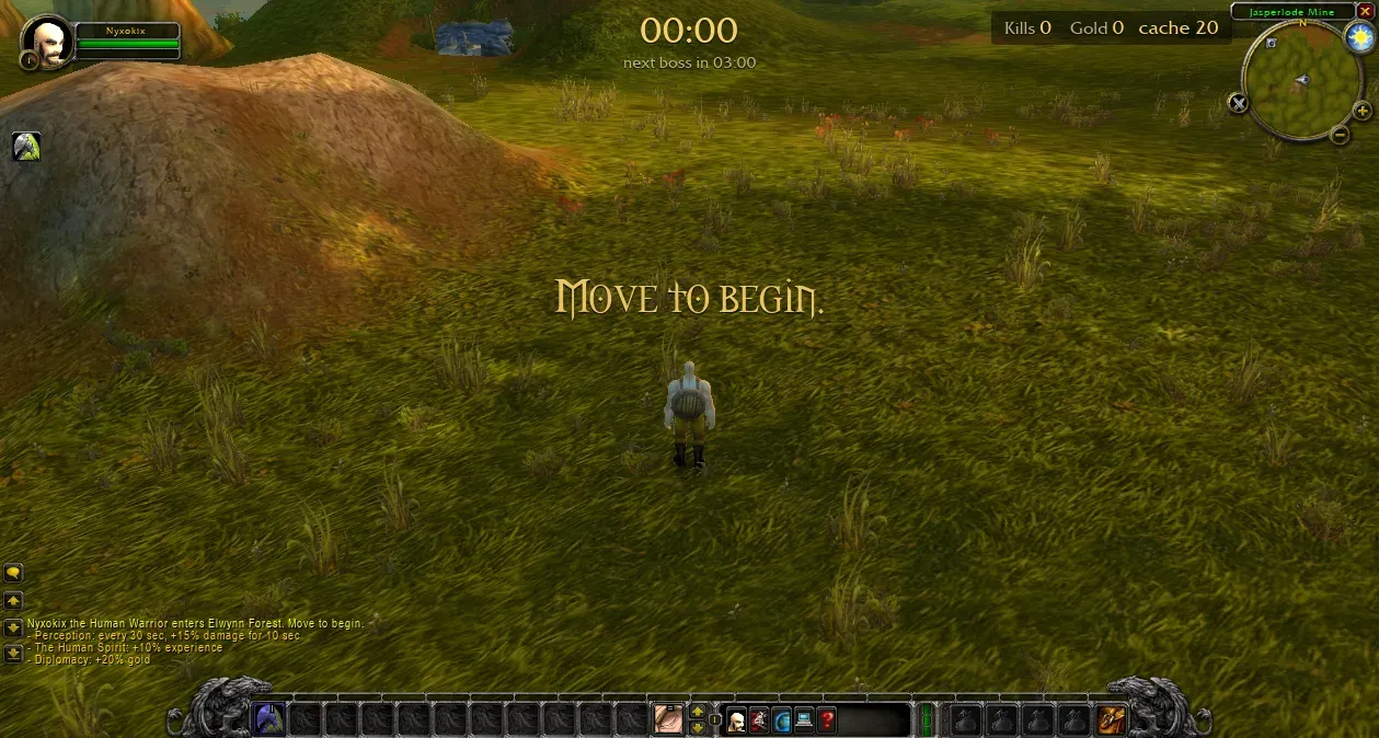 Start of an Azeroth Survivors run in Elwynn Forest with the Move to begin banner and the next boss in 03:00 timer