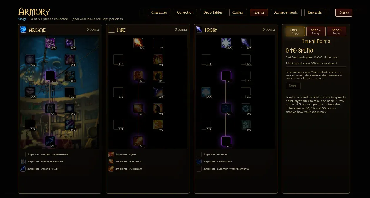 Azeroth Survivors Mage talent trees in the Armory with milestones at 10, 20 and 30 points