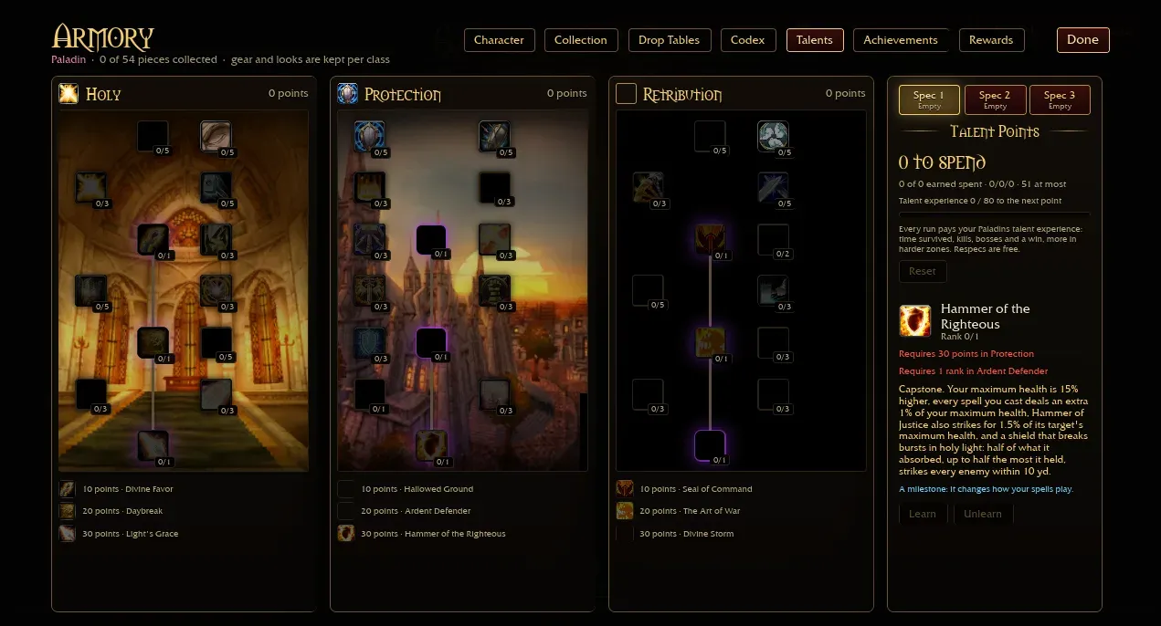 Azeroth Survivors Paladin talent trees in the Armory with milestones at 10, 20 and 30 points