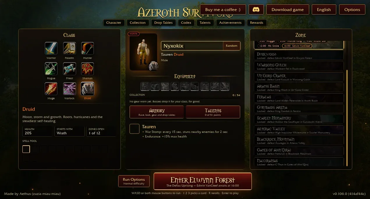 Azeroth Survivors zone list showing all 12 zones from Elwynn Forest to Naxxramas and the boss that unlocks each one